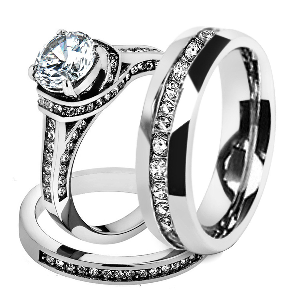 Wedding Band Sets Walmart
 His & Hers Stainless Steel 3 Piece Cz Wedding Ring Set and
