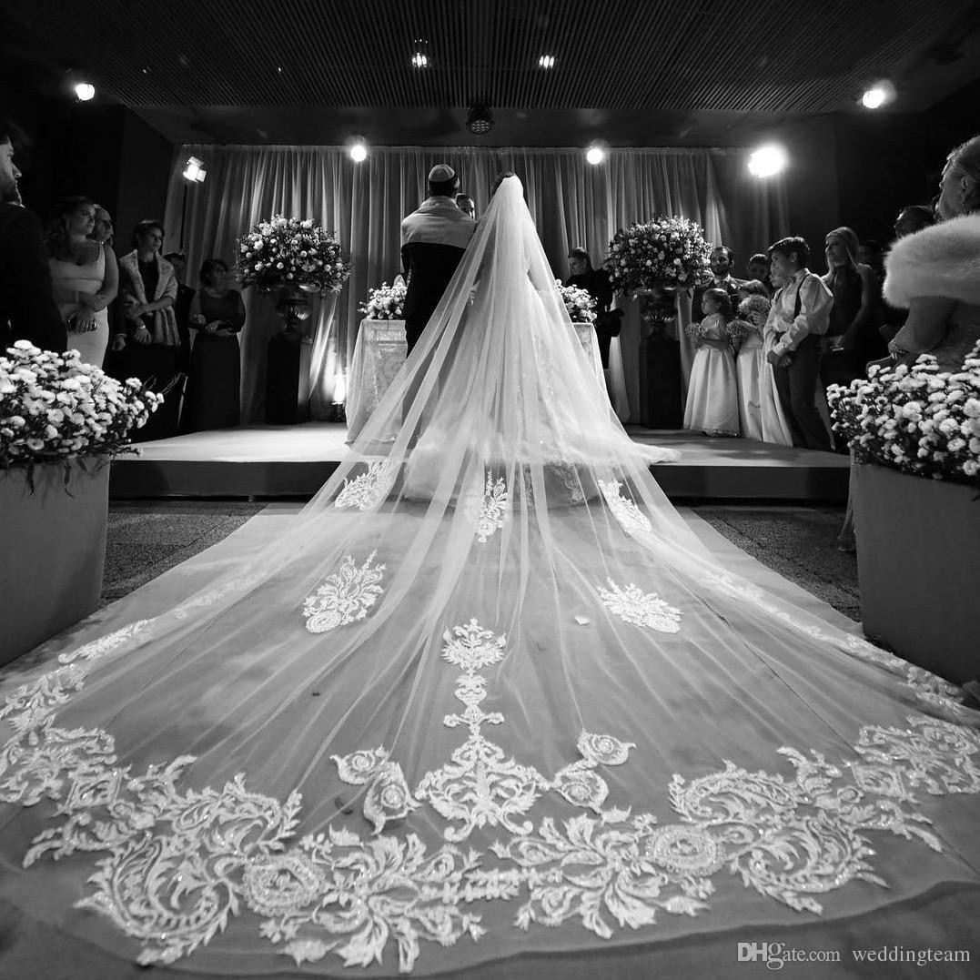 Wedding Veil Cathedral Length
 New Arrival 4M Wedding Veils With Lace Applique Cut Edge