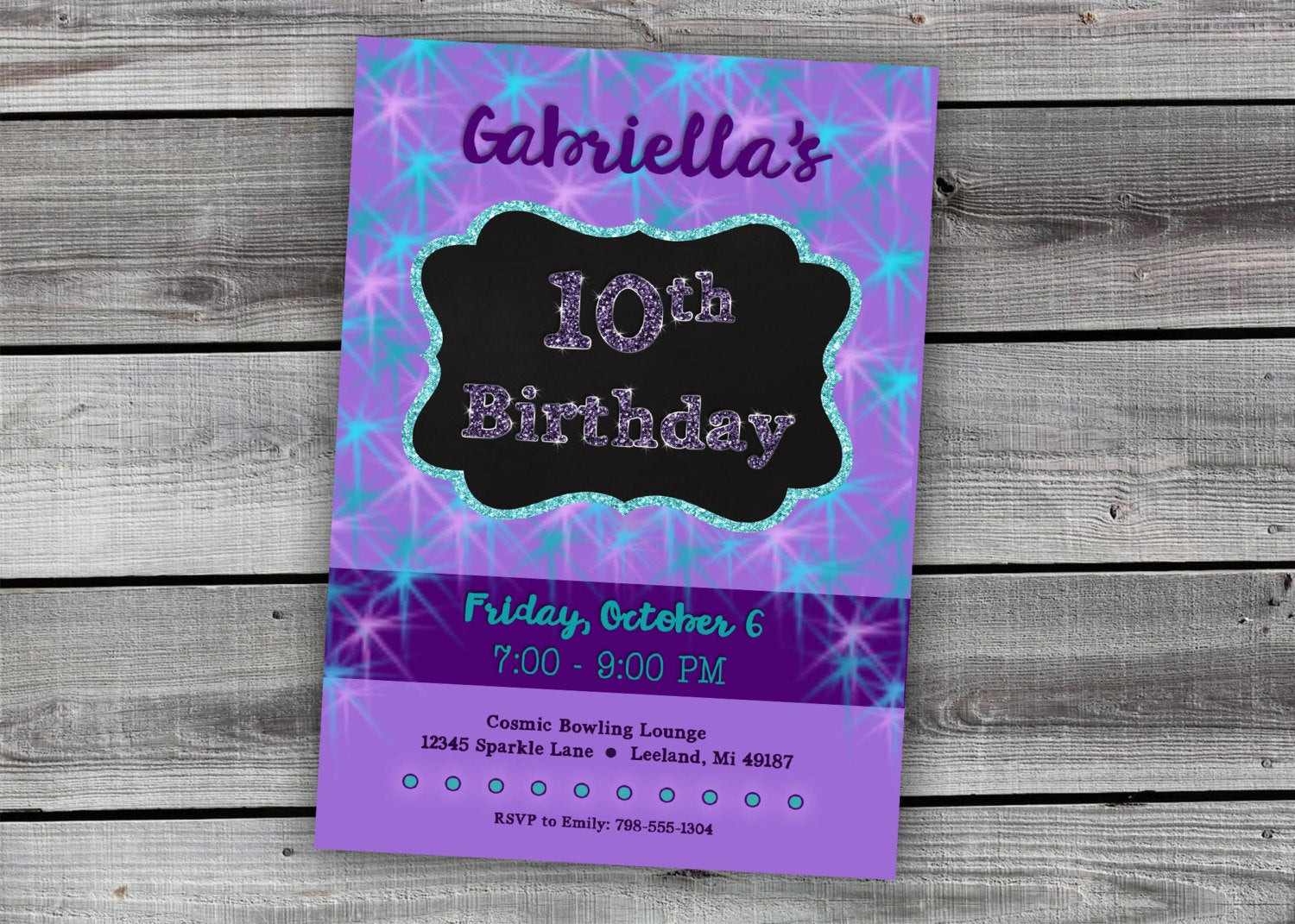 10th Birthday Invitations
 10th Birthday Invitation Glitter Purple & Teal