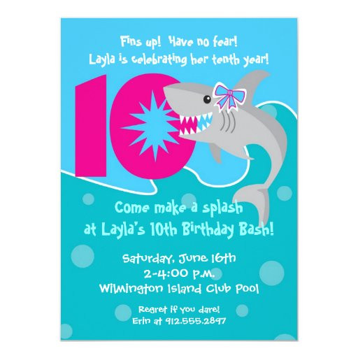 10th Birthday Invitations
 Girl Shark Bite Invite 10th Birthday Party Card