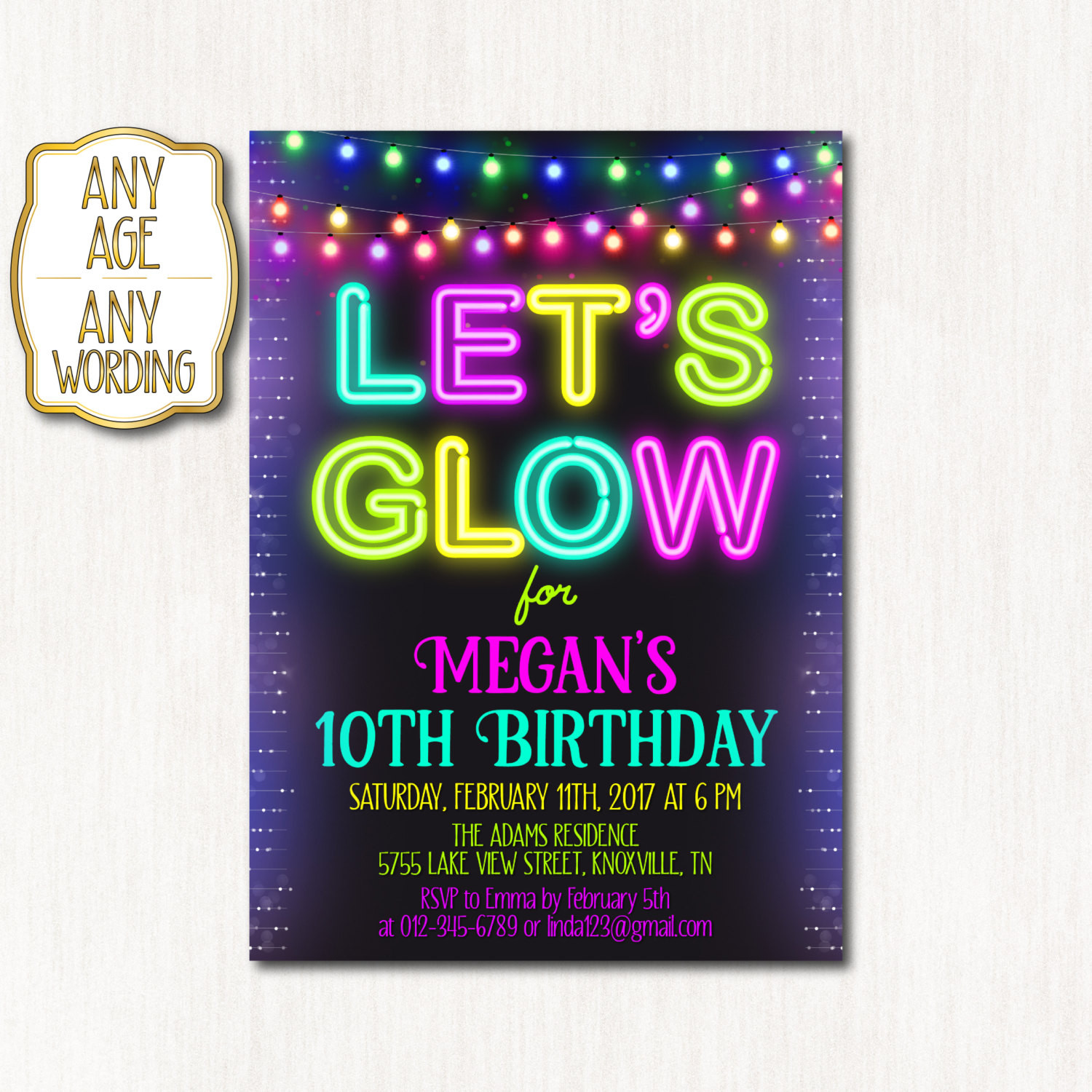 10th Birthday Invitations
 10th birthday invitation Neon birthday party NEON tenth