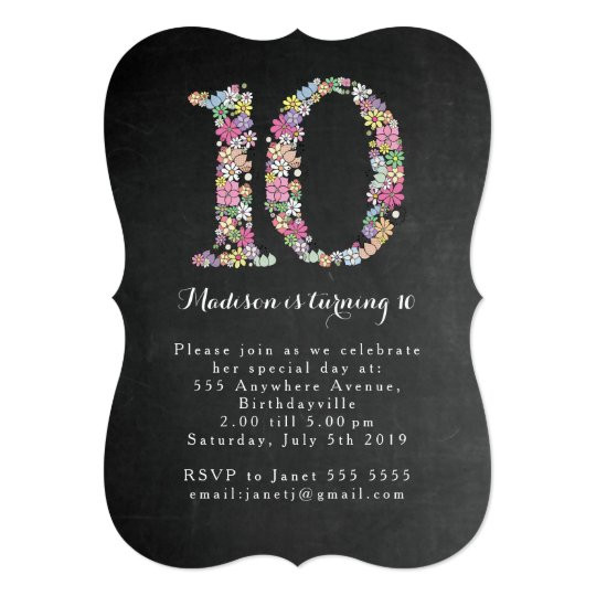 10th Birthday Invitations
 Chalkboard Girls Floral 10th Birthday Party Invite
