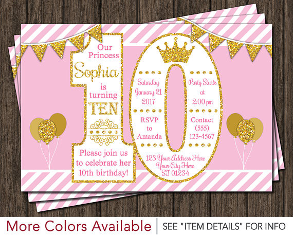 10th Birthday Invitations
 Princess Birthday Invitation 10th Birthday Invitations Age