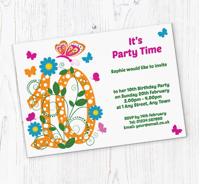 10th Birthday Invitations
 Butterfly 10th Birthday Party Invitations