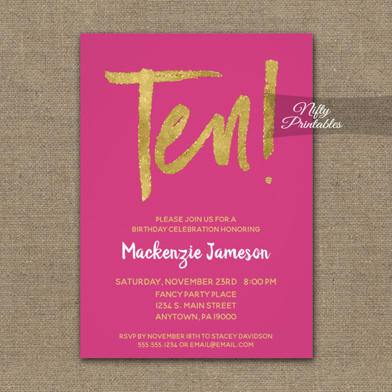 10th Birthday Invitations
 10th Birthday Invitation Hot Pink Gold Script PRINTED