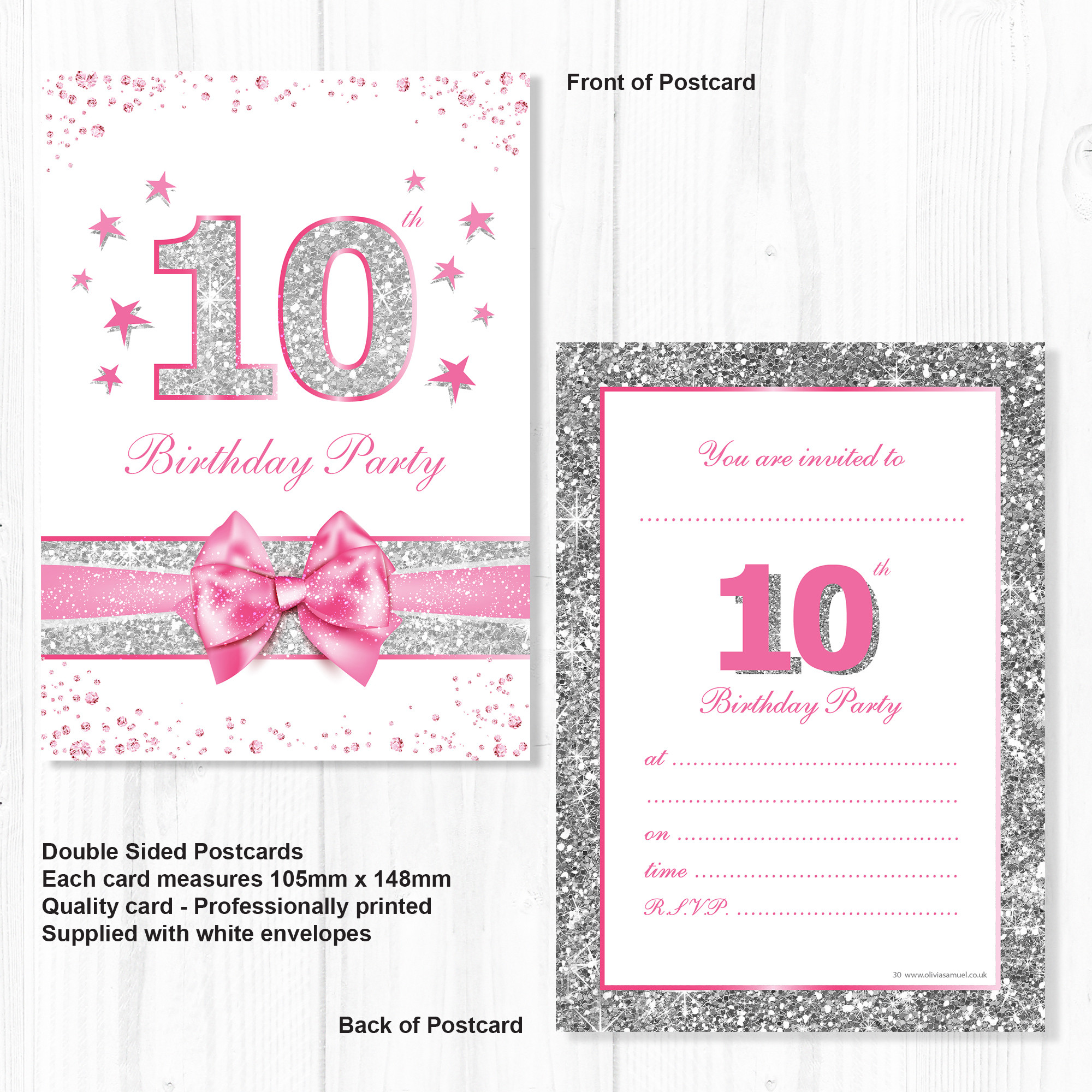 10th Birthday Invitations
 10th Birthday Party Invitations – Pink Sparkly Design and