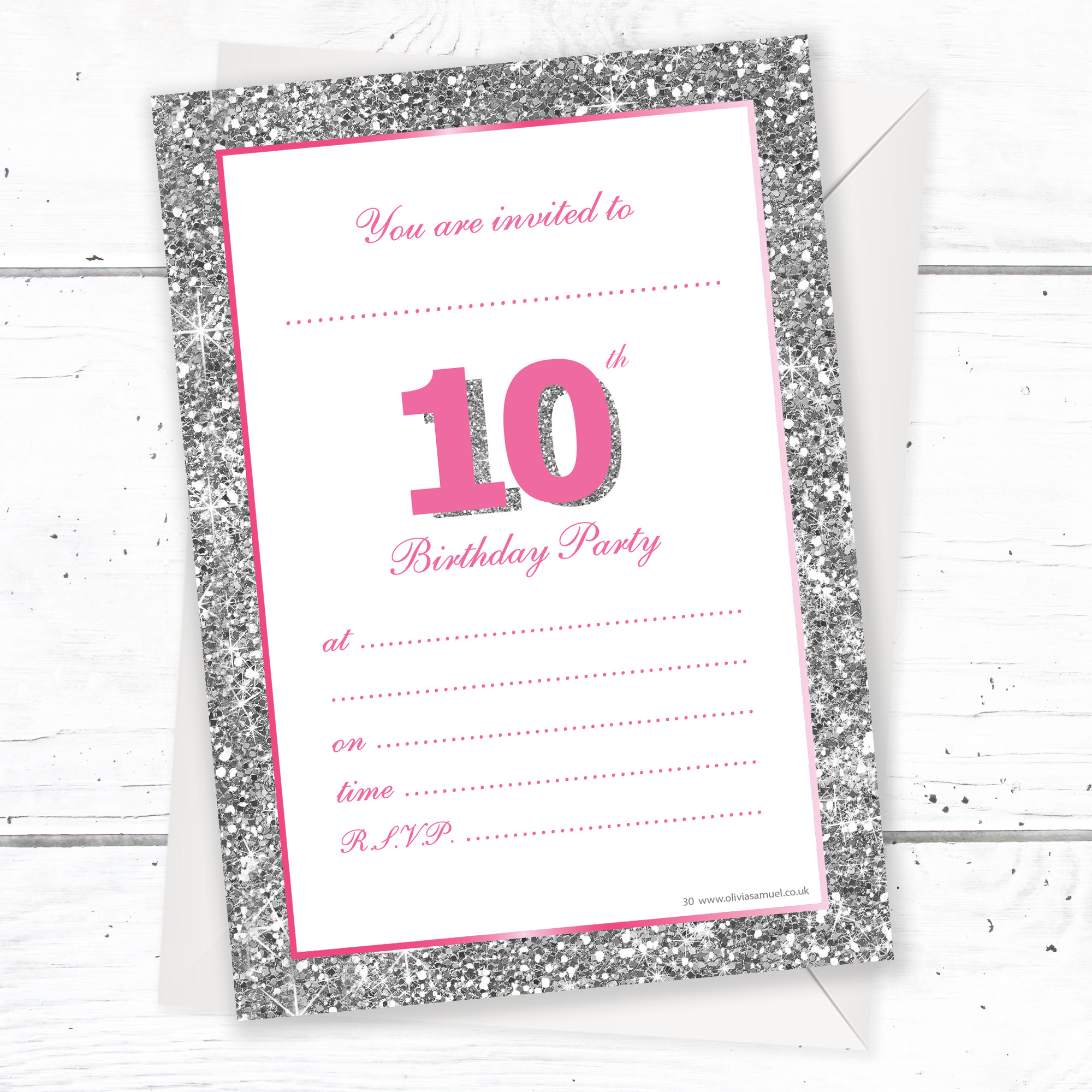 10th Birthday Invitations
 10th Birthday Party Invitations – Pink Sparkly Design and