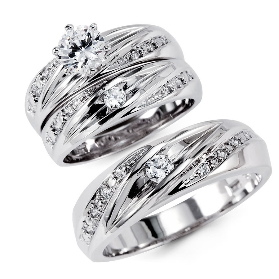 14k White Gold Wedding Ring Sets
 14K Solid White Gold CZ Engagement Wedding 3 Ring Set 14k