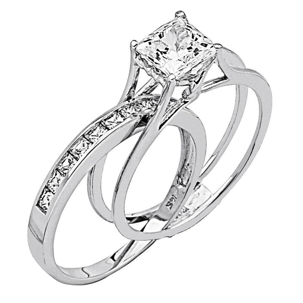 14k White Gold Wedding Ring Sets
 2 Ct Princess Cut 2 Piece Engagement Wedding Ring Band Set