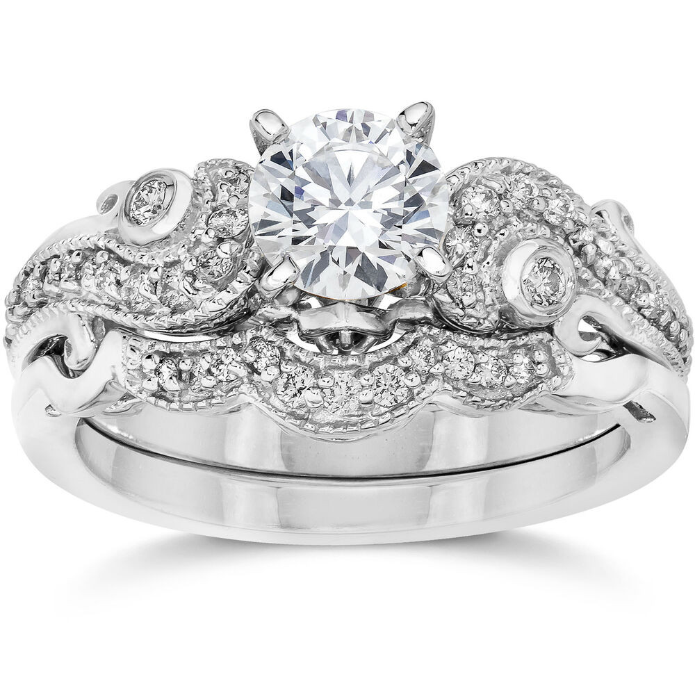 14k White Gold Wedding Ring Sets
 Emery 3 4Ct Vintage Diamond Filigree Engagement Wedding