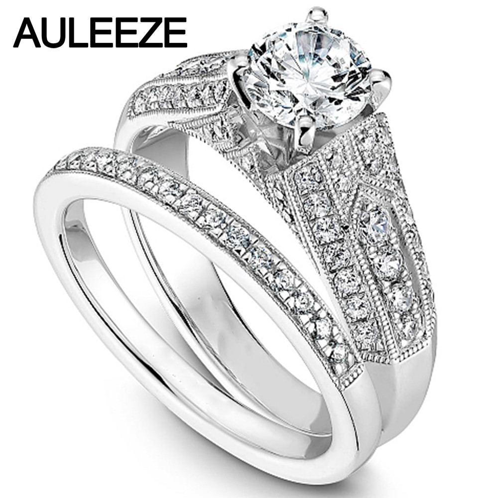 14k White Gold Wedding Ring Sets
 Solid 14K 585 White Gold Vintage Solitaire Bridal Sets 1CT