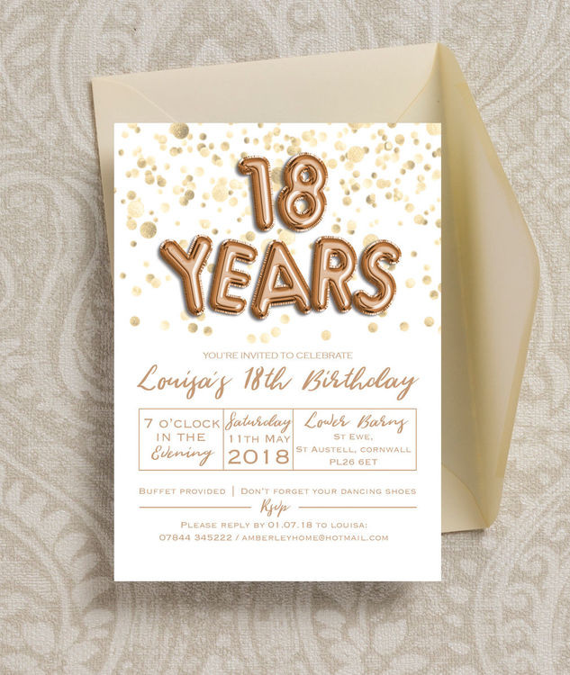 18 Birthday Invitation
 Gold Balloon Letters 18th Birthday Party Invitation from £
