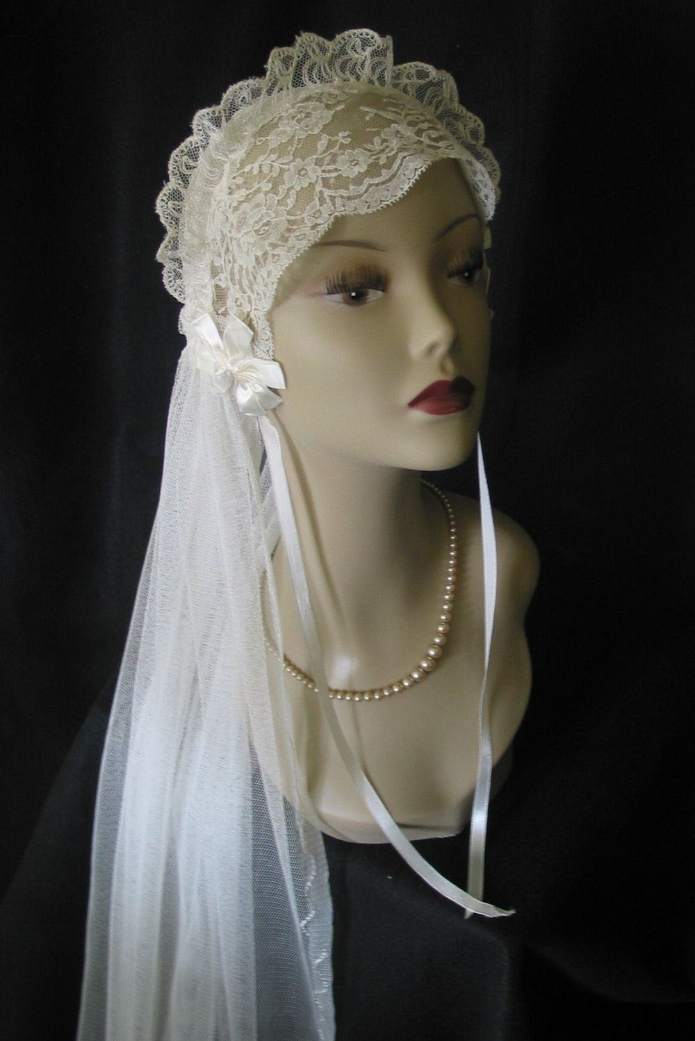 1920s Wedding Veils
 Vintage 1920 s Lace Wedding Veil Ivory Satin Ribbon