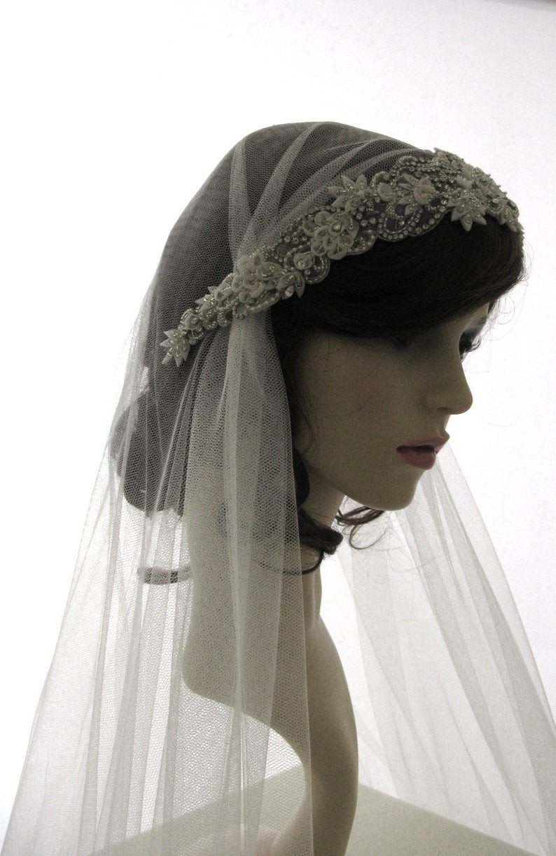 1920s Wedding Veils
 1920s style wedding veil couture bridal cap veil cap