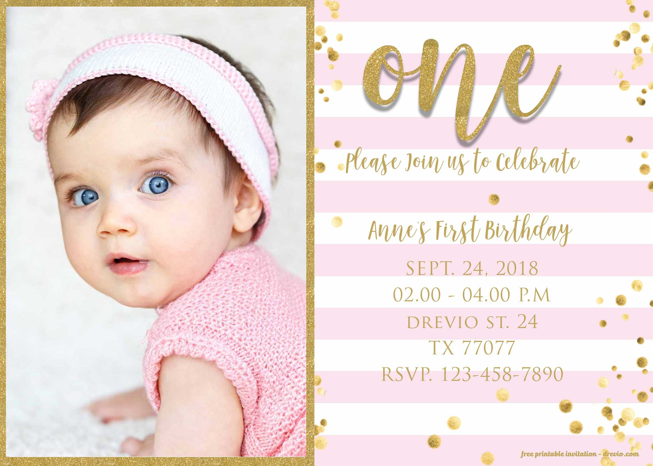 1st Birthday Invitations Girl
 FREE 1st Birthday Invitation Pink and Gold glitter