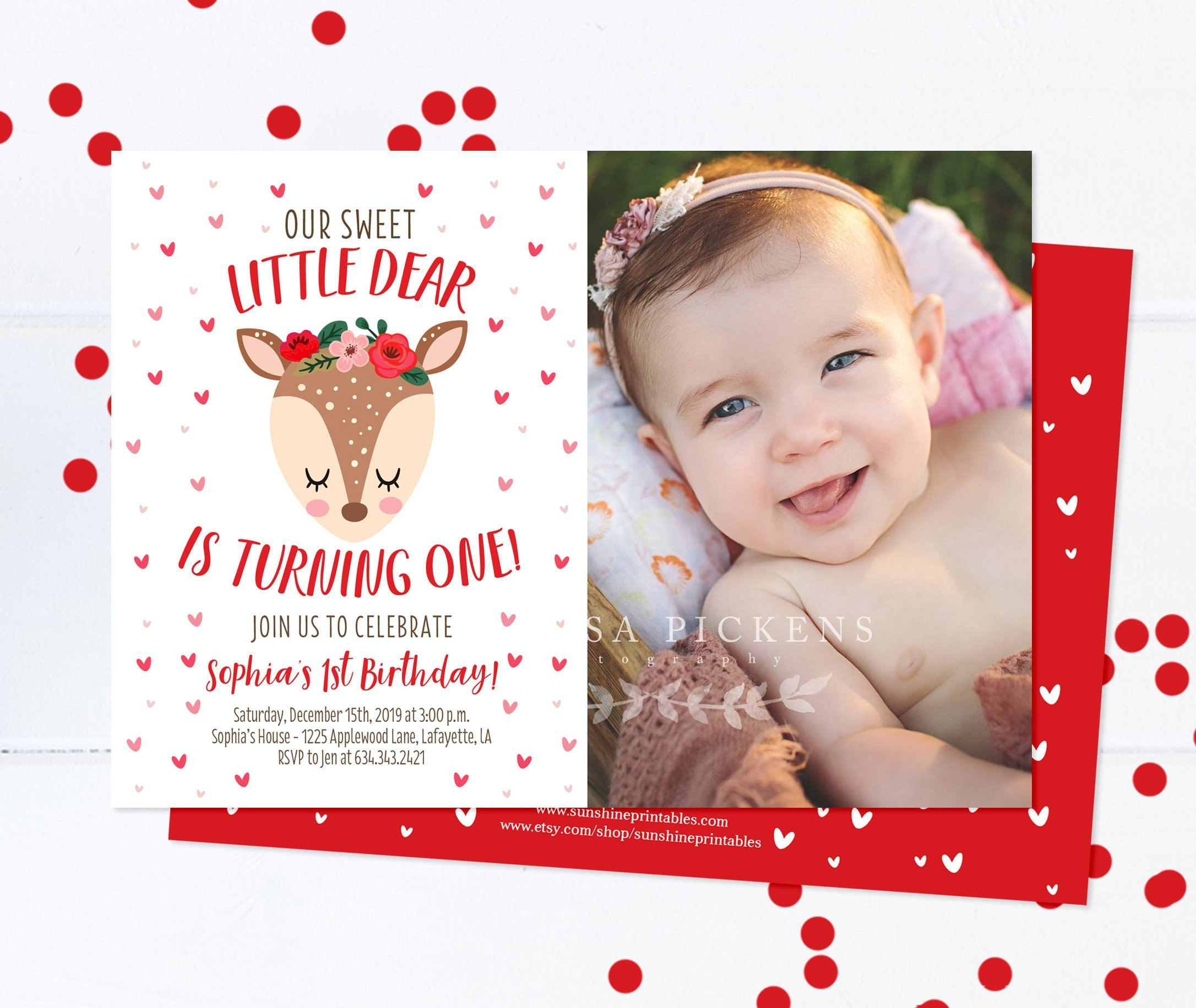 1st Birthday Invitations Girl
 Valentines Day 1st Birthday Invitation Girl Little Deer