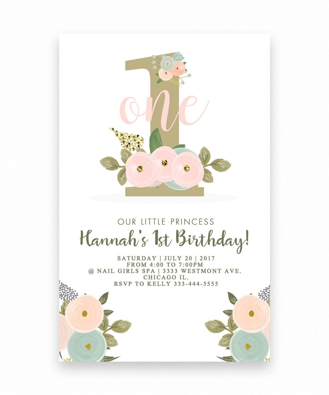 1st Birthday Invitations Girl
 Big one Floral birthday invitation for a girl