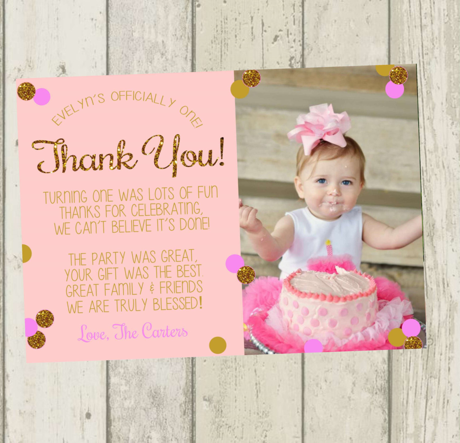 1st Birthday Thank You Cards
 First Birthday Thank You Card Pink & Gold Glitter Thank You