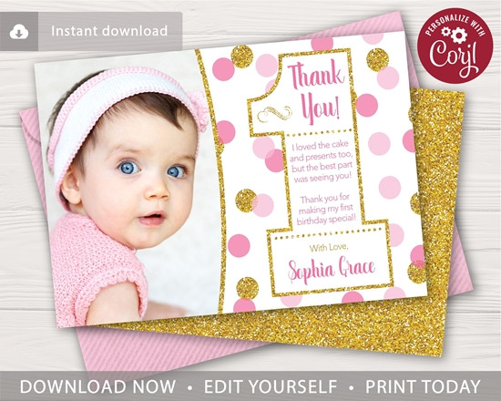 1st Birthday Thank You Cards
 Pink and Gold Confetti 1st Birthday Thank You Card with