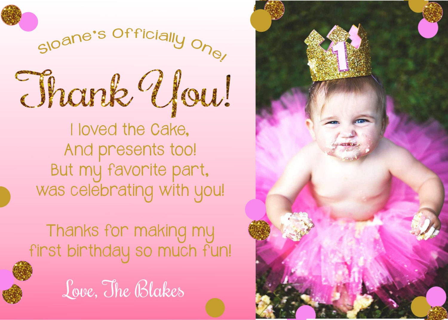 1st Birthday Thank You Cards
 Pink and Gold Thank You Card First Birthday Thank You Card