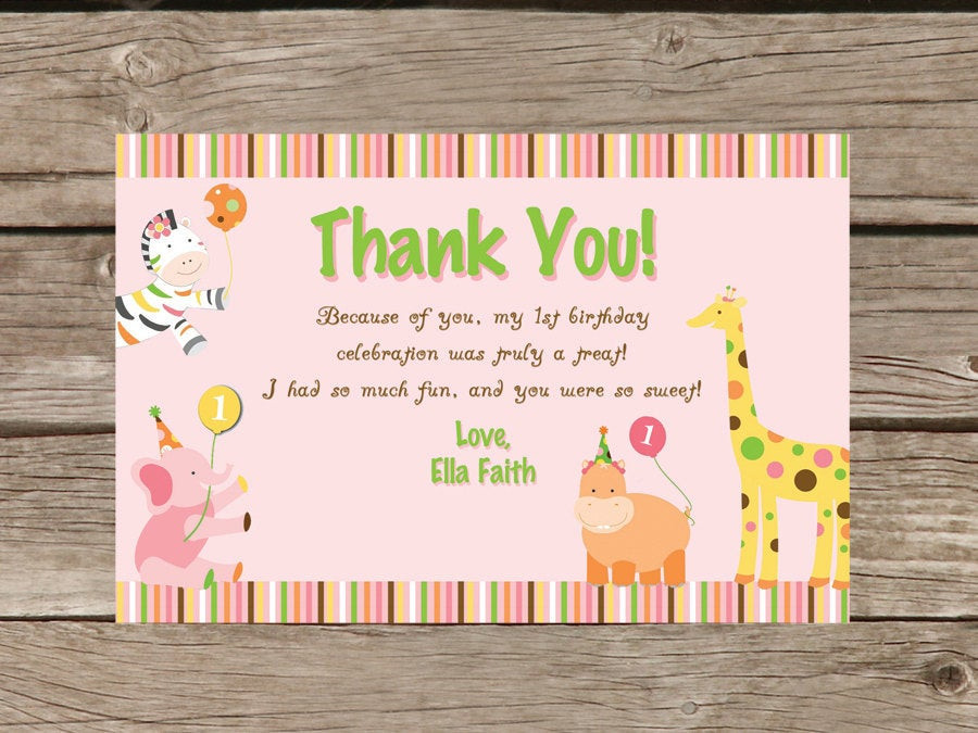 1st Birthday Thank You Cards
 Sweet Safari First Birthday Thank you Card Printable