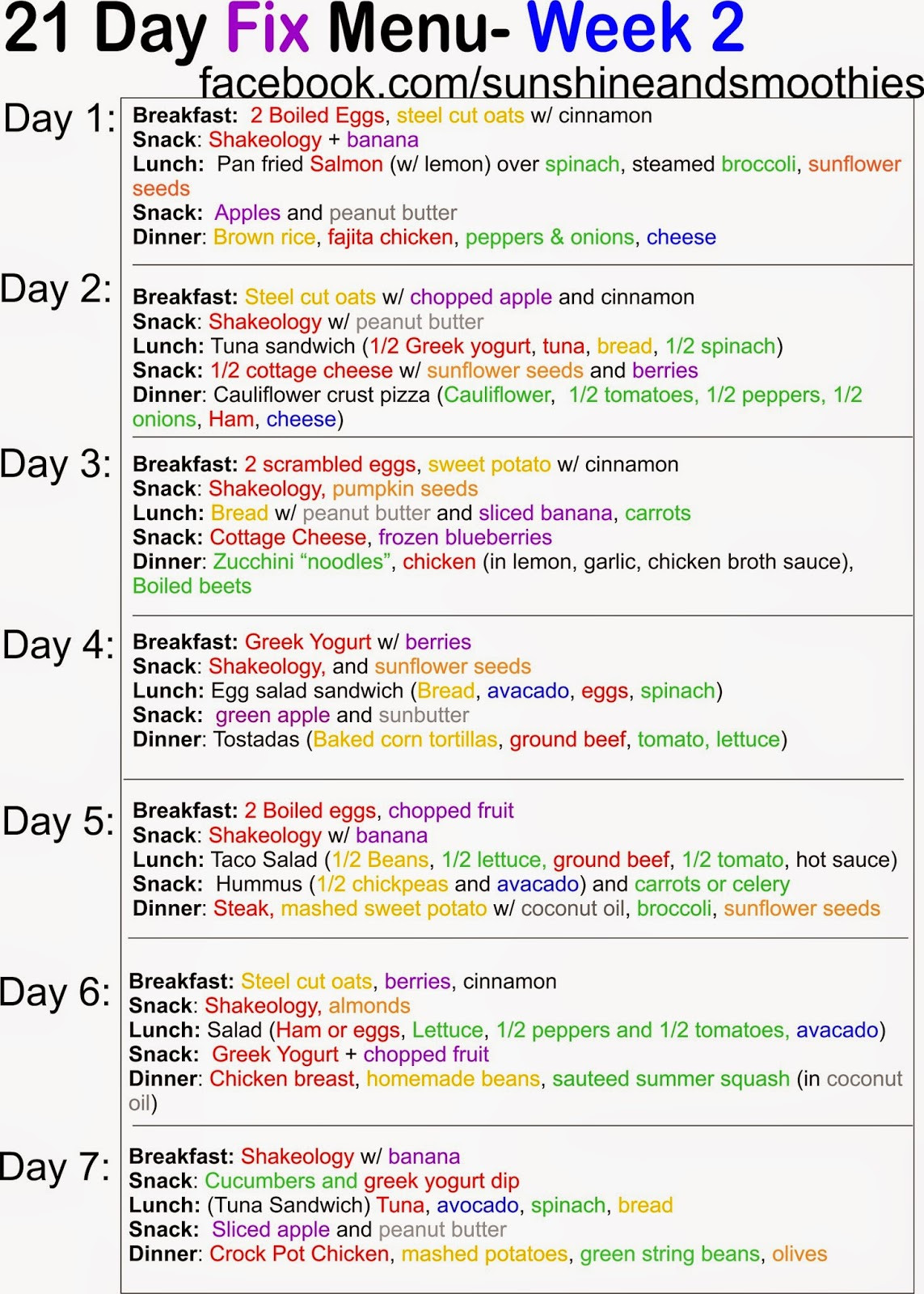 21 Days Clean Eating
 Sunshine and Smoothies Fitness 21 Day Fix Menu Week 2