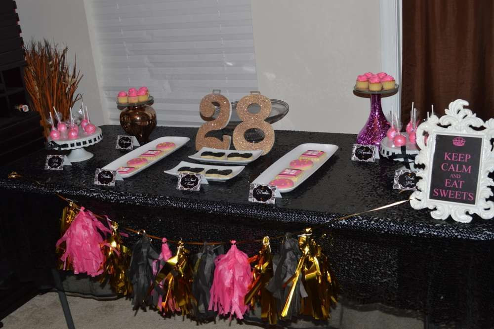 28th Birthday Party Ideas
 Sequins and Bow ties Pink Blk and Gold Birthday Party