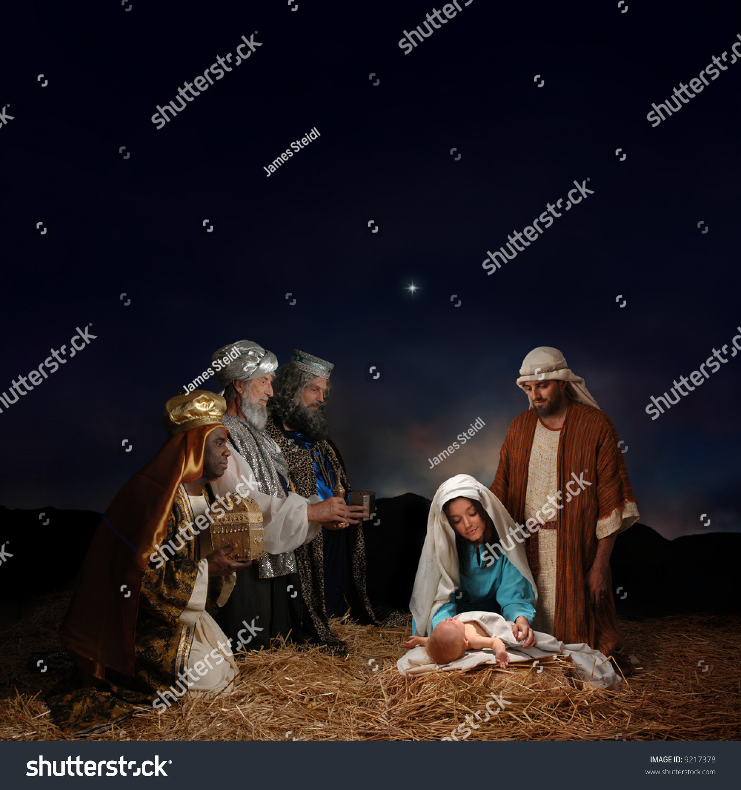 3 Gifts To Baby Jesus
 Christmas Nativity Scene With Three Wise Men Presenting