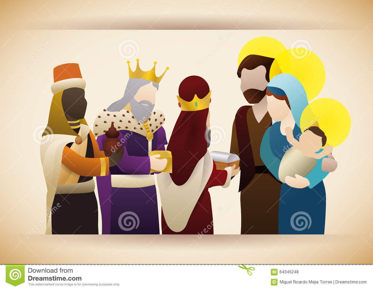 3 Gifts To Baby Jesus
 The Three Wise Men With Gifts Visit The Baby Jesus Vector