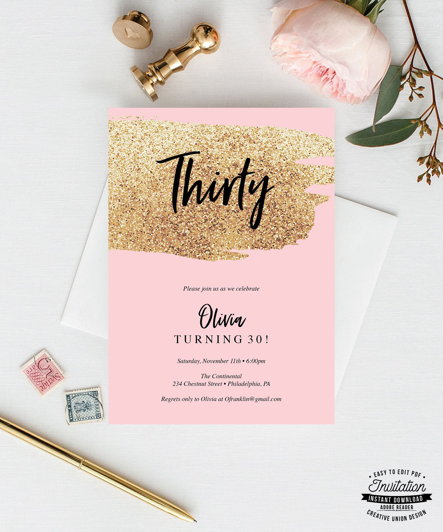 30th Birthday Invitations For Her
 Pink and Gold Glitter Birthday Invitations for Her 30th