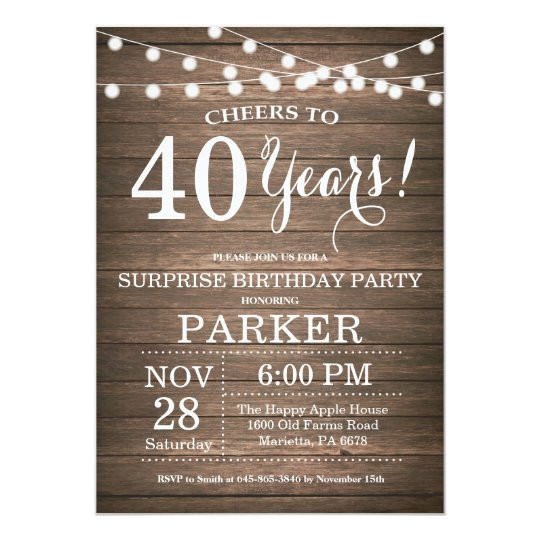 40th Birthday Invitations For Her
 Rustic Surprise 40th Birthday Invitation Wood