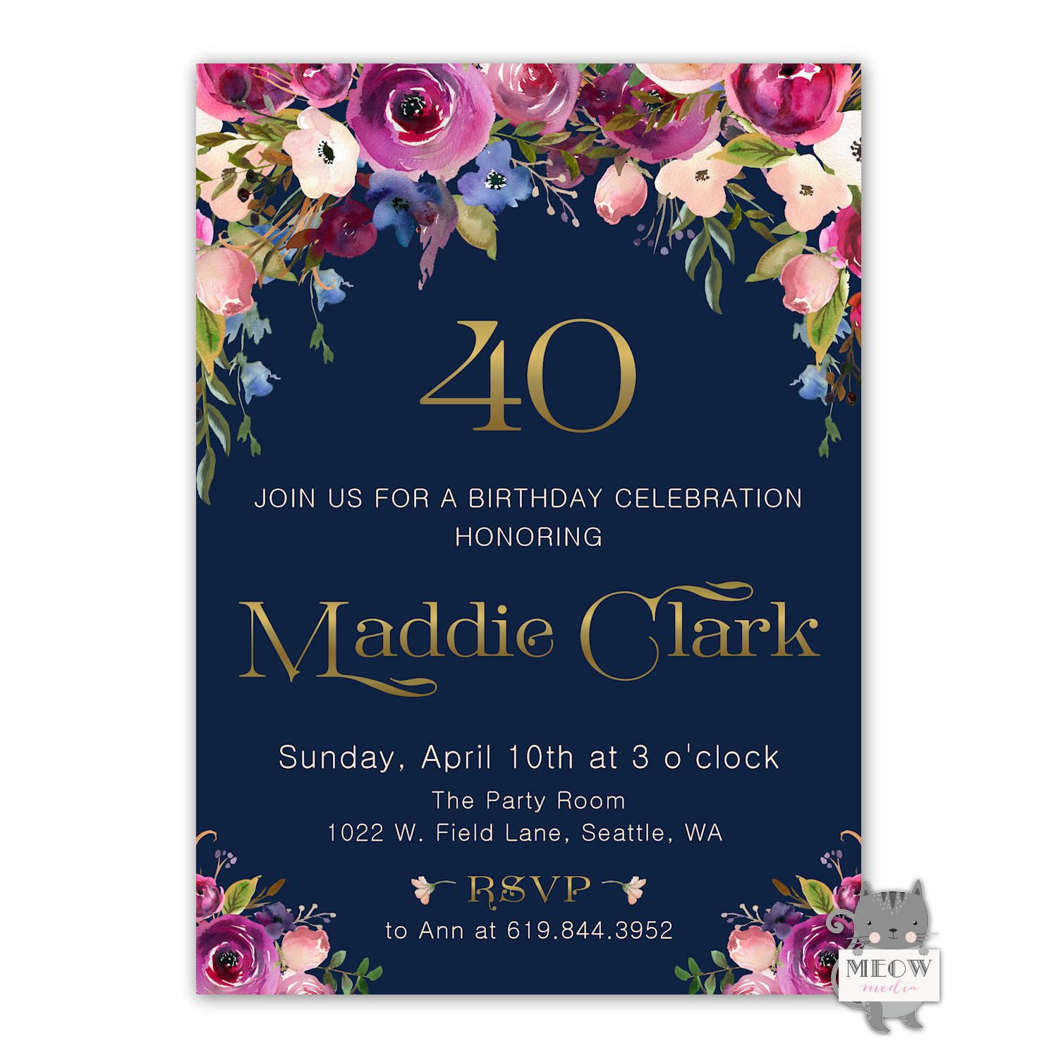 40th Birthday Invitations For Her
 40th Birthday Invitation Women Printable 40th Birthday