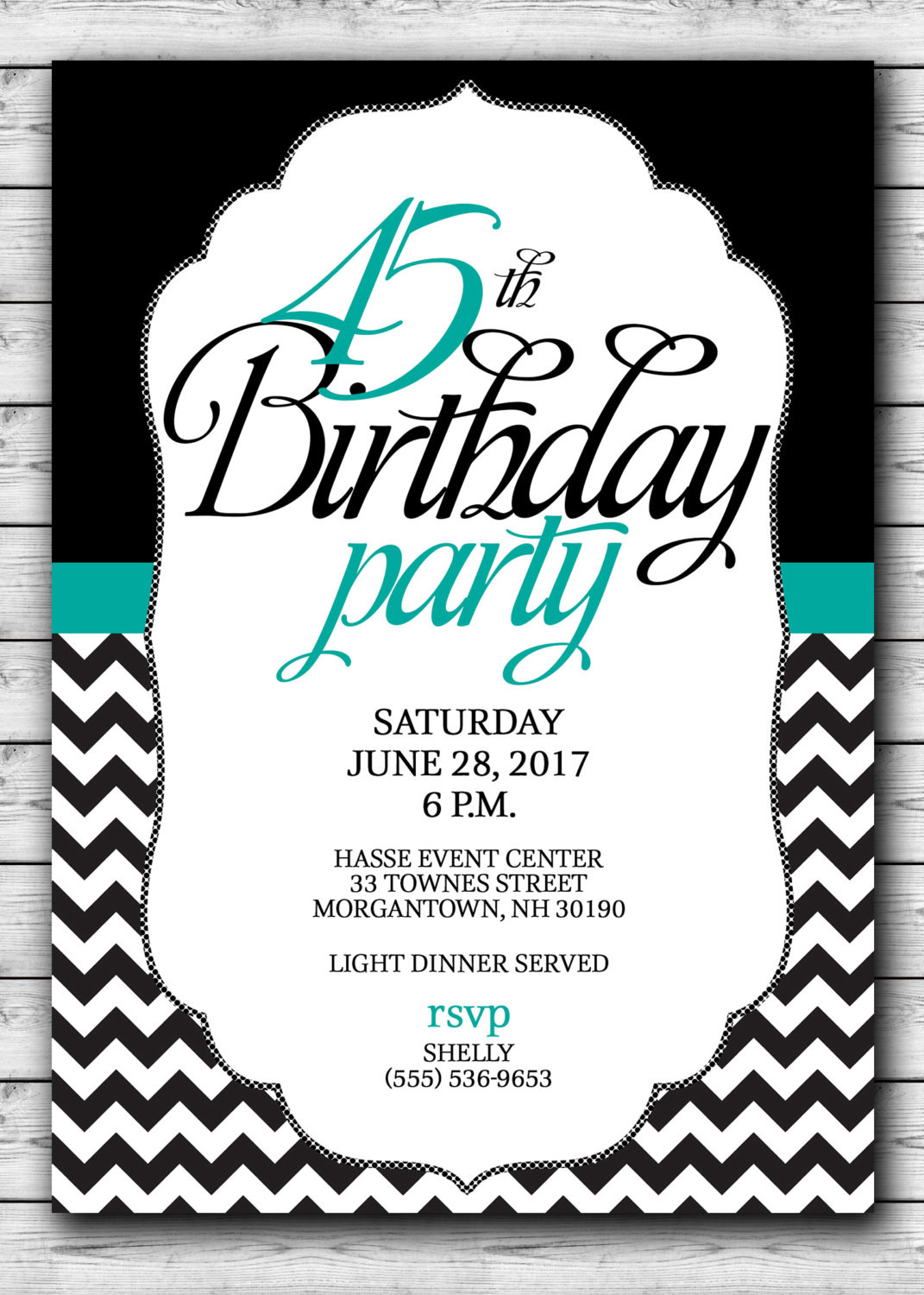 45Th Birthday Party Ideas
 45th Birthday PARTY Invitation Black with a touch of teal or