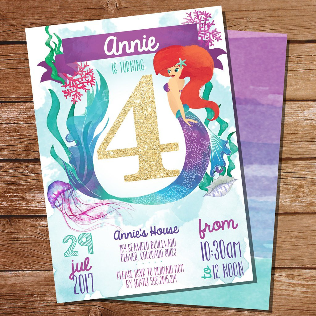 4th Birthday Party Invitation Wording
 Watercolor Mermaid Birthday Party Invitation for a Girl