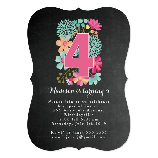 4th Birthday Party Invitation Wording
 Chalkboard Girls Floral 4th Birthday Party Invite