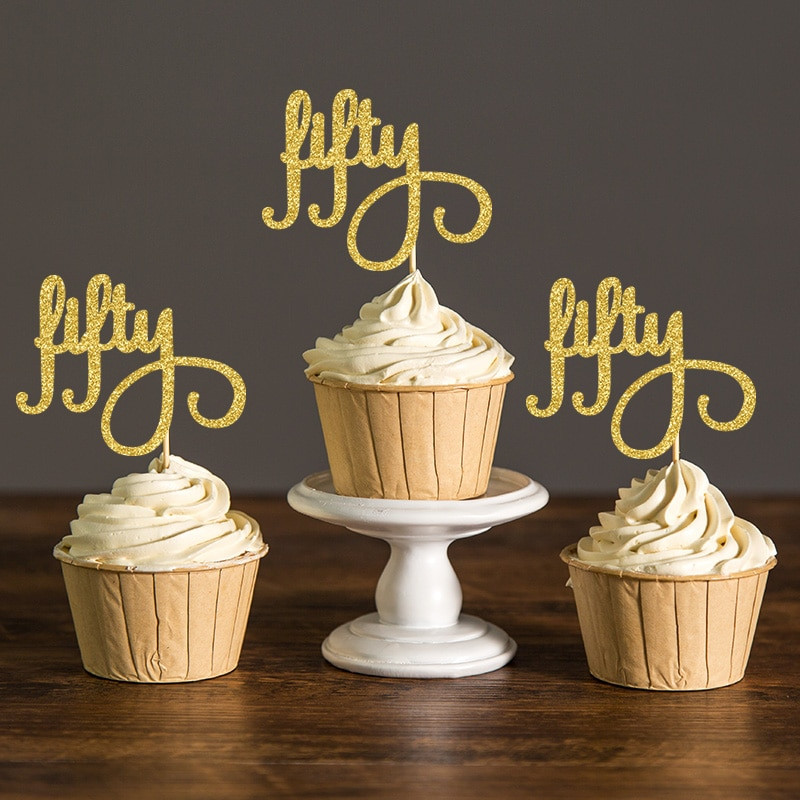 50th Birthday Party Decor
 Gold Silver Black Glitter Script Fifty Cupcake Toppers