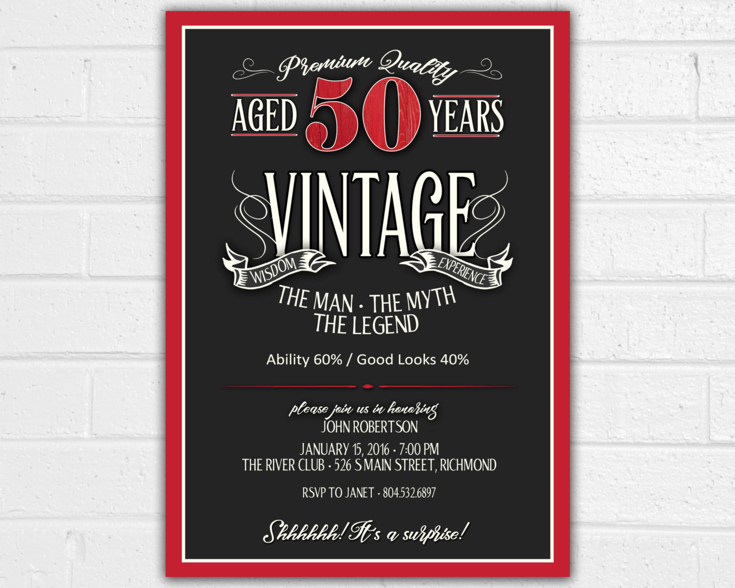 50th Birthday Party Invitation Wording
 50th Birthday Invitation for Men JPEG printable Aged to