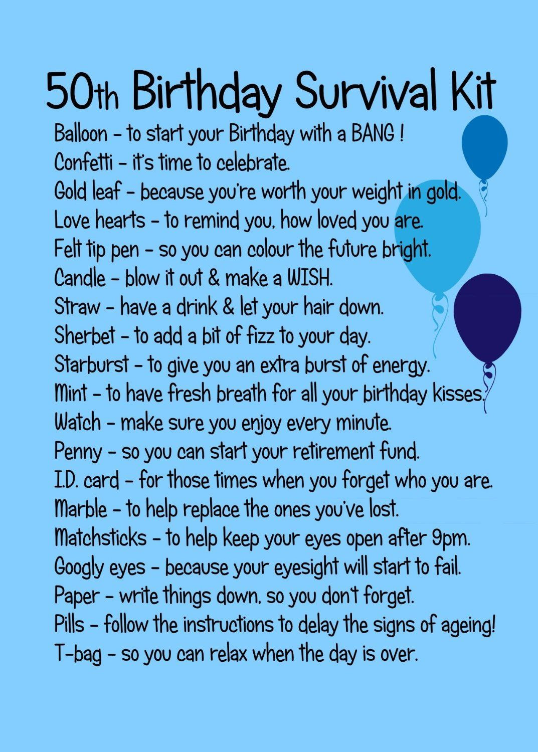 50th Birthday Poems Funny
 50TH BIRTHDAY SURVIVAL KIT BLUE Amazon Kitchen