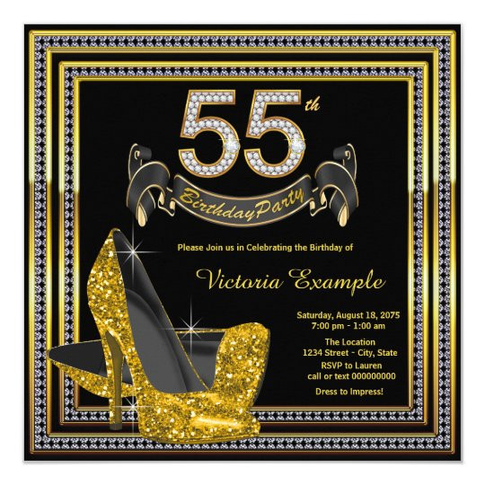 55 Birthday Party Ideas
 Black Gold High Heel Womans 55th Birthday Party Invitation