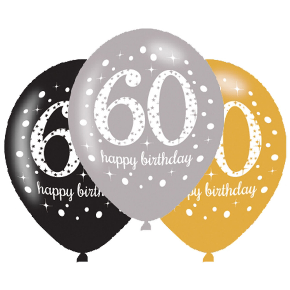 60th Birthday Decor
 6 x 60th Birthday Balloons Black Silver Gold Party