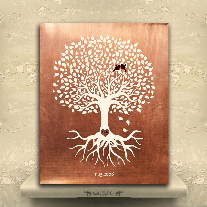 7 Year Anniversary Copper Gift Ideas
 Minimalist Tree of Life Roots Heart Initials Love Birds