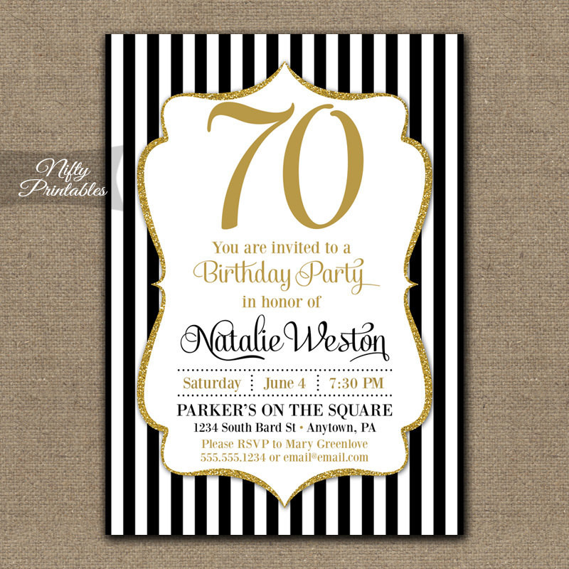 70th Birthday Invitation
 70th Birthday Invitations Black & Gold Glitter 70 Seventy