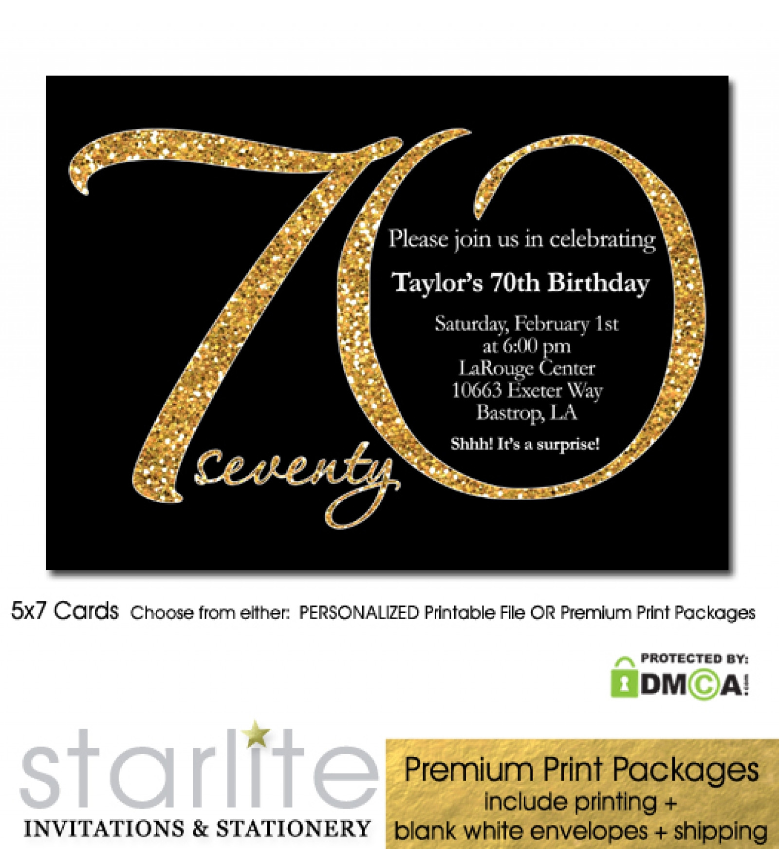 70th Birthday Invitation
 Black Gold Glitter 70th Birthday Invitation Modern