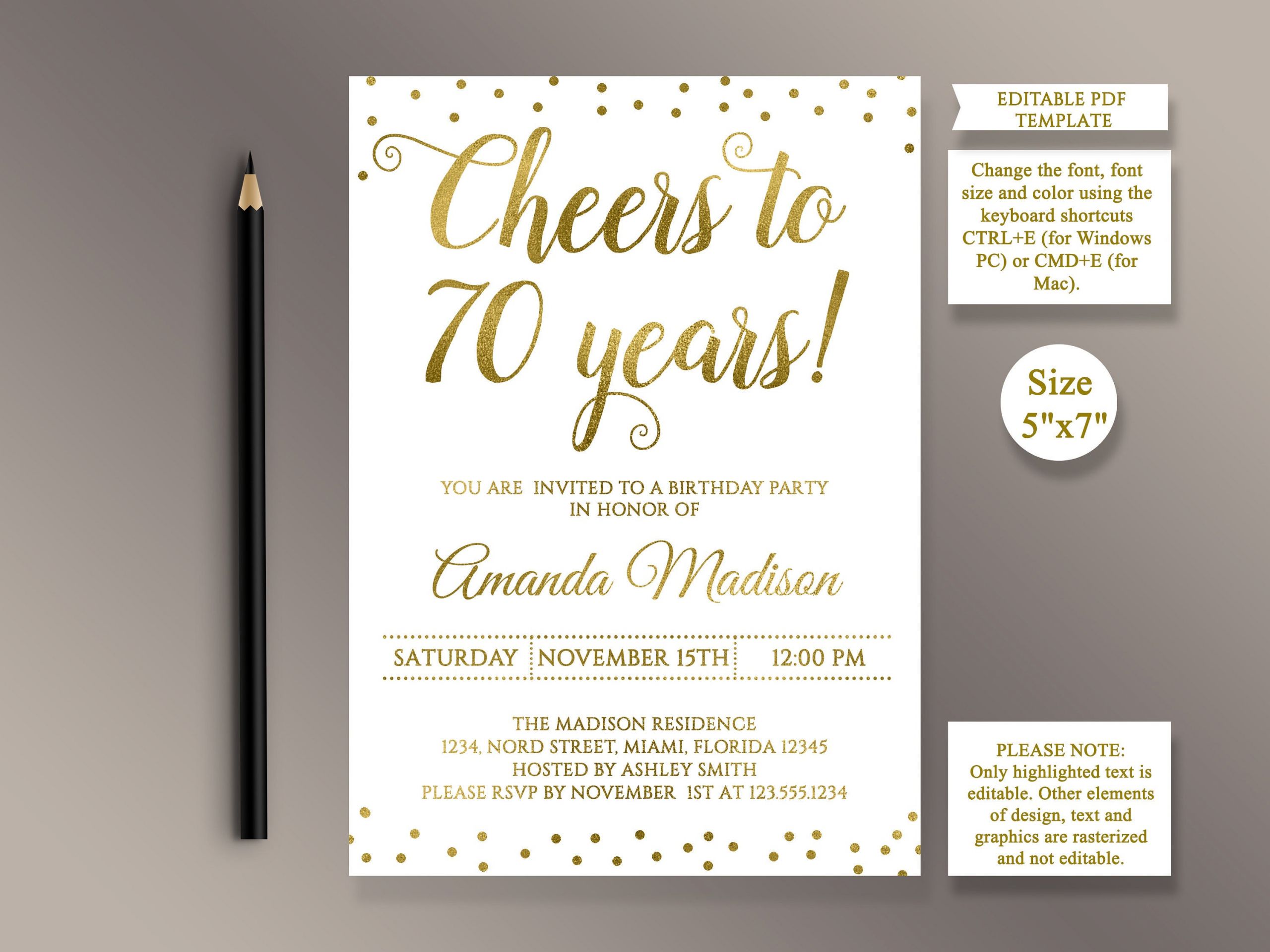 70th Birthday Invitation
 EDITABLE 70th Birthday party Invitation template Cheers to