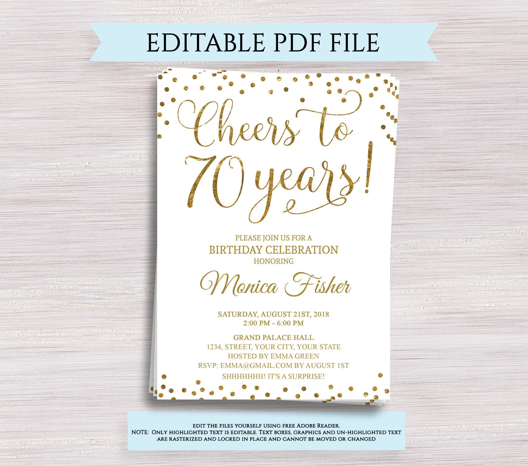 70th Birthday Invitation
 Editable 70th Birthday Party Invitation template Cheers to