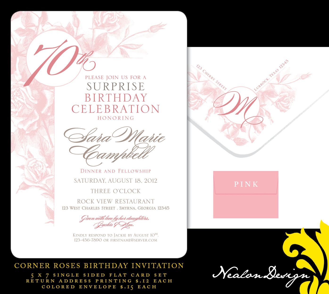 70th Birthday Invitation
 Nealon Design Corner ROSES 70th Birthday Invitation