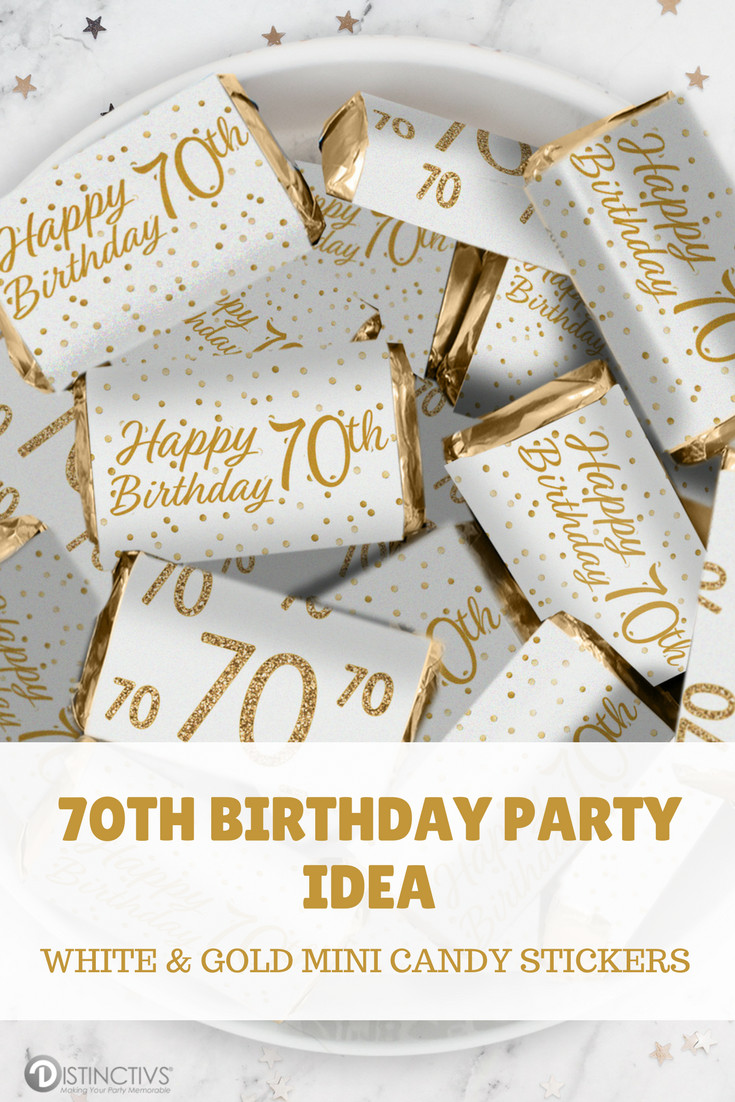 70th Birthday Party Ideas For Mom
 White and Gold 70th Birthday Party Mini Candy Bar Stickers