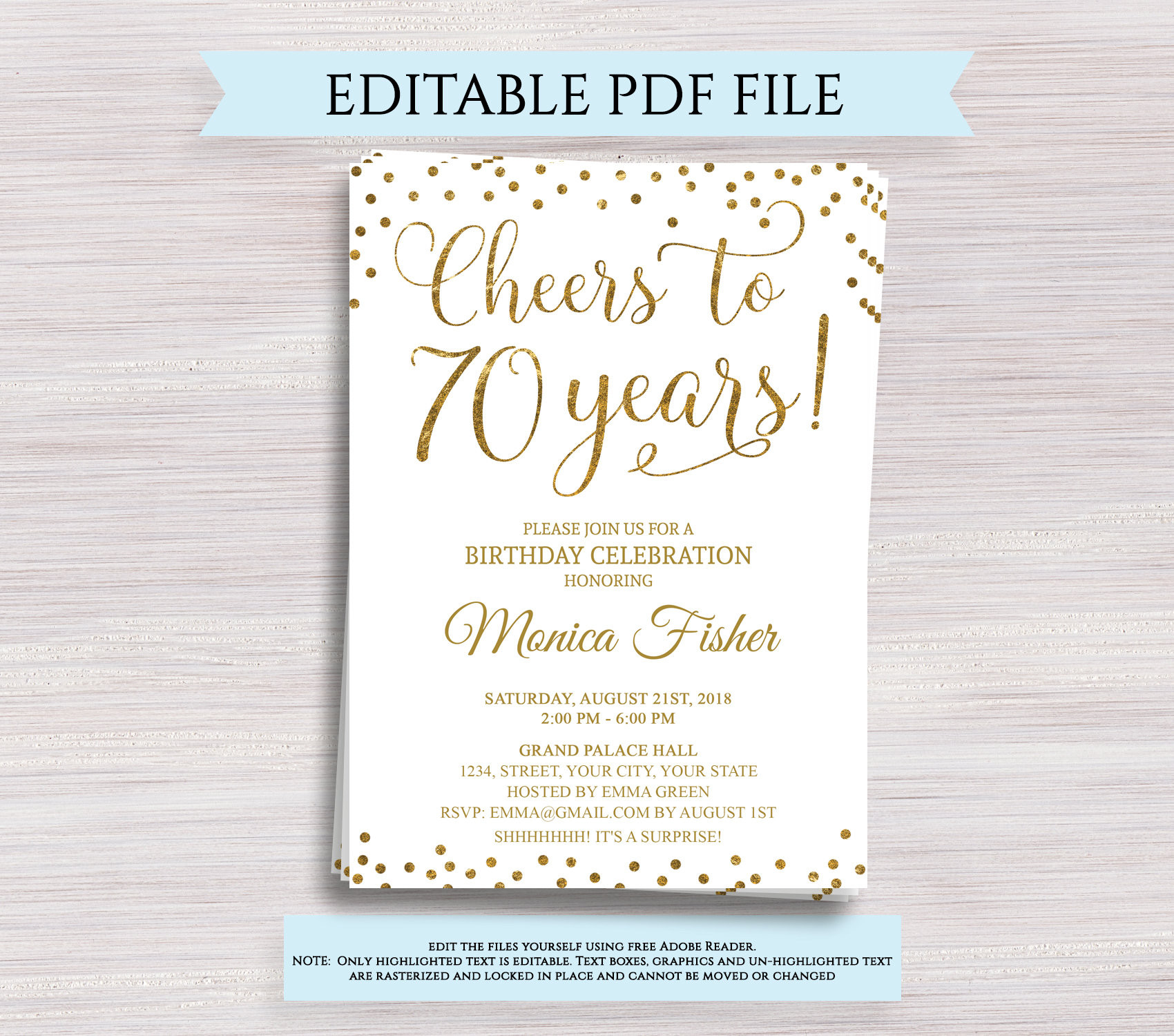 70th Birthday Party Invitations
 Editable 70th Birthday Party Invitation template Cheers to