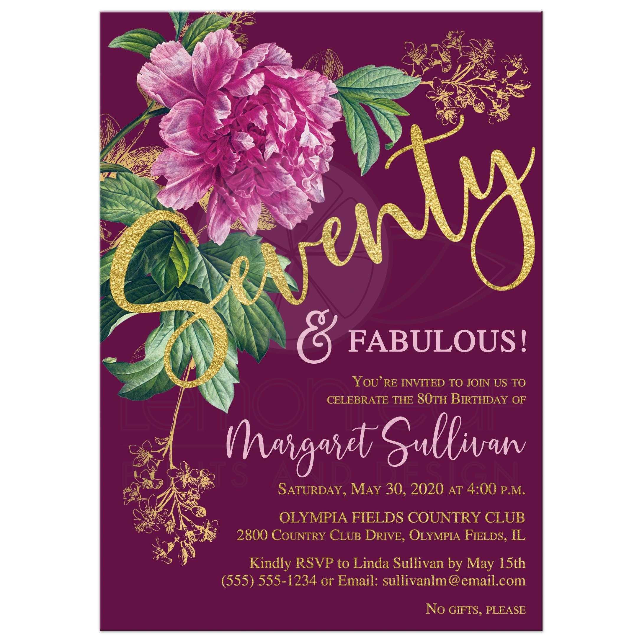 70th Birthday Party Invitations
 Pink Peony on Plum 70th Birthday Invitation with SIMULATED