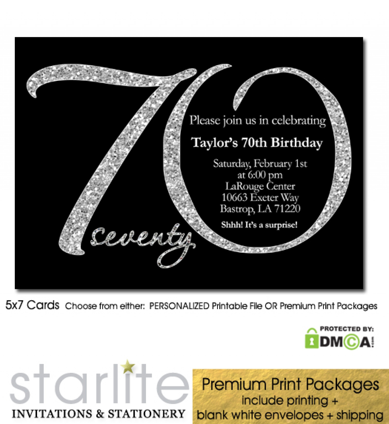 70th Birthday Party Invitations
 Black Silver Glitter 70th Birthday Invitation Modern